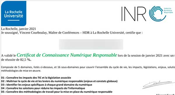 capture d'écran d'un certificat de connaissance